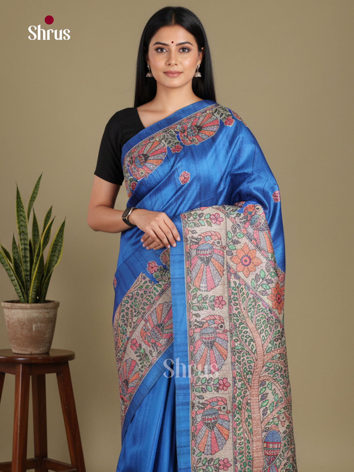 Blue & Cream - Printed Madhubani Saree