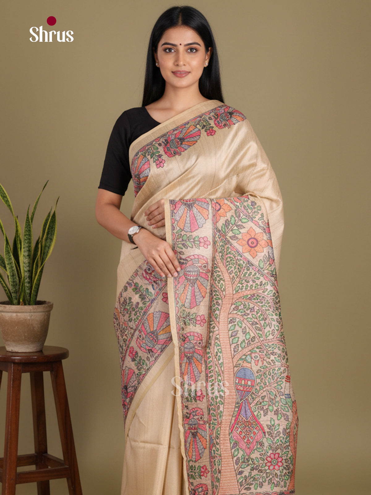 Cream - Printed Madhubani Saree