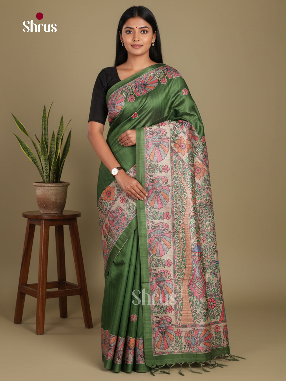 Green & Cream - Printed Madhubani Saree
