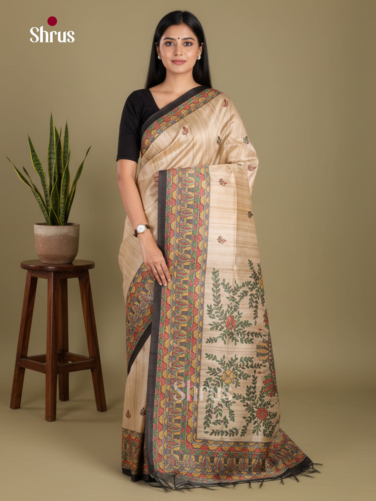 Cream & Black - Printed Madhubani Saree