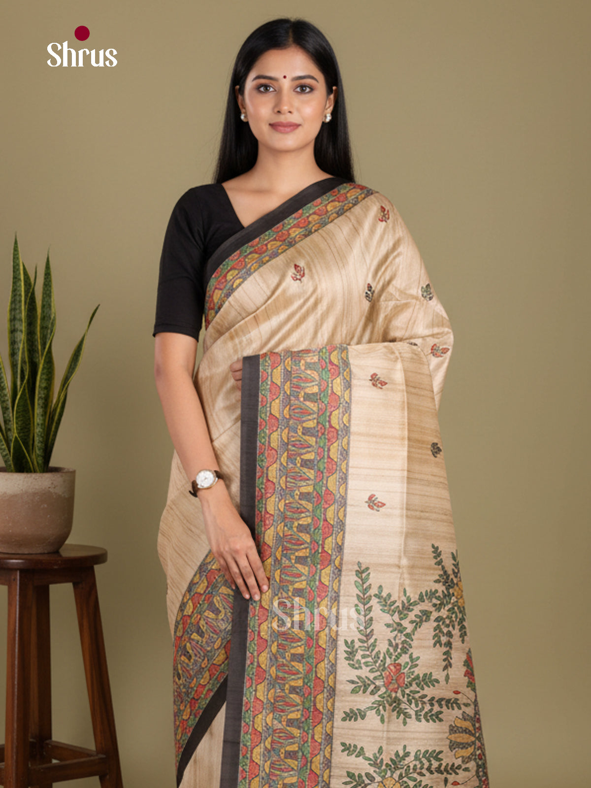 Cream & Black - Printed Madhubani Saree