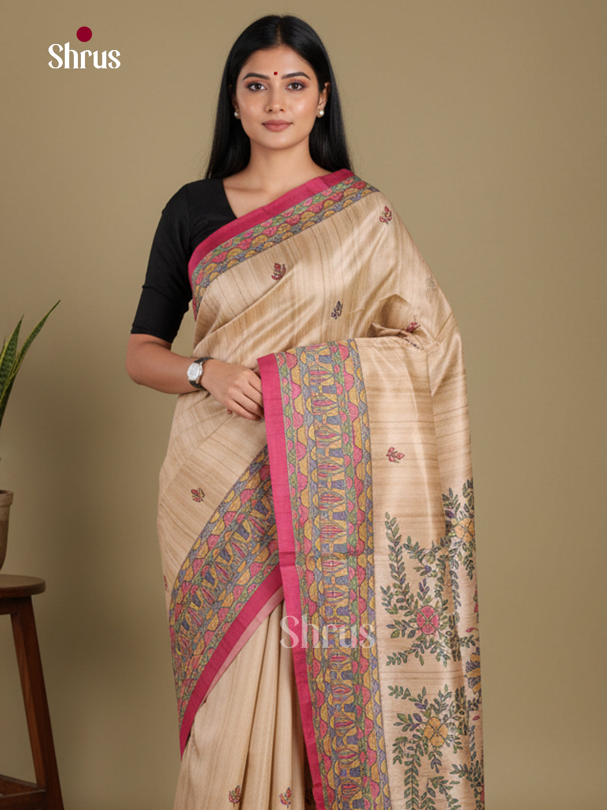 Cream & Pink- Printed Madhubani Saree