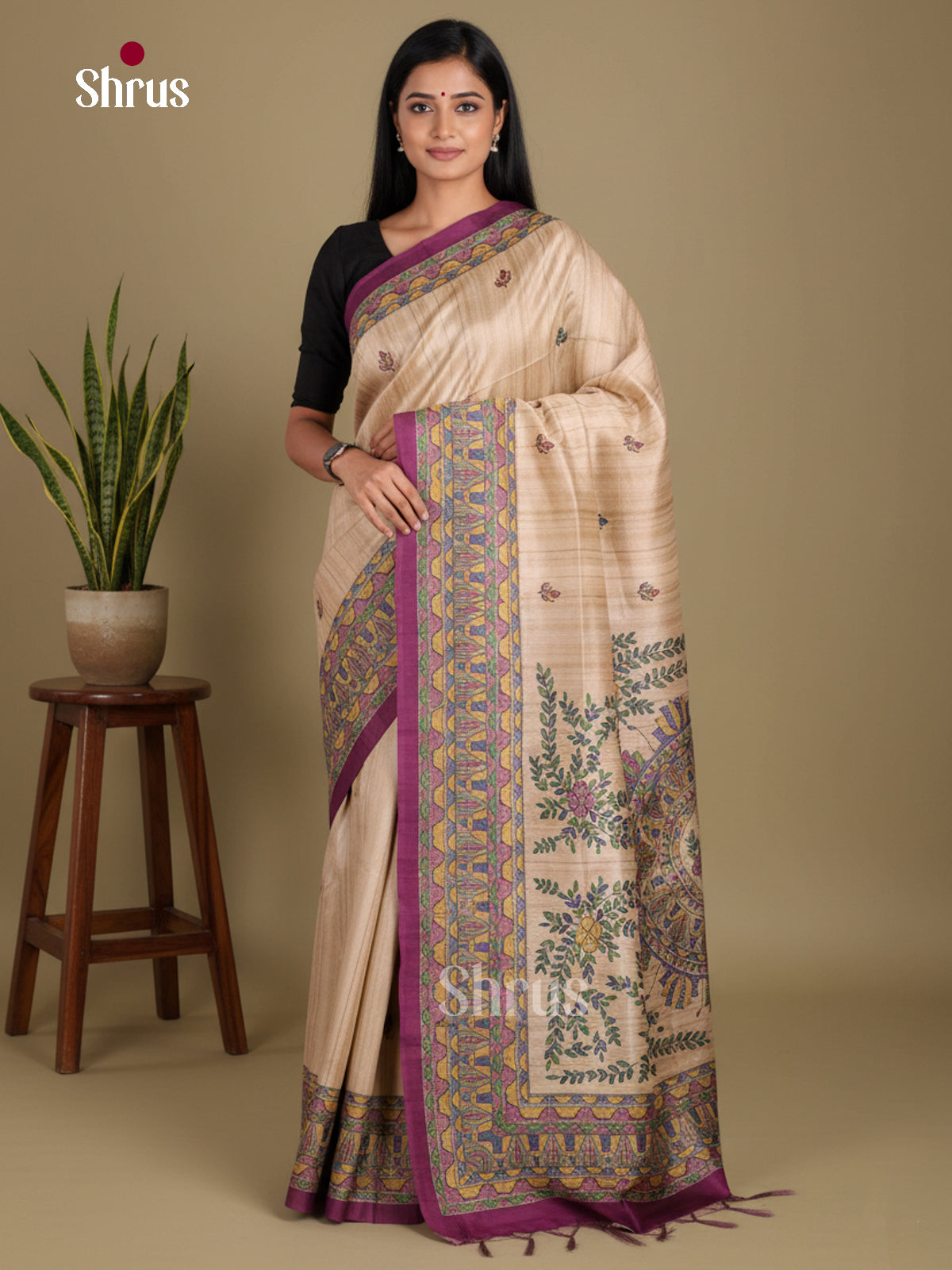 Cream & Purple - Printed Madhubani Saree