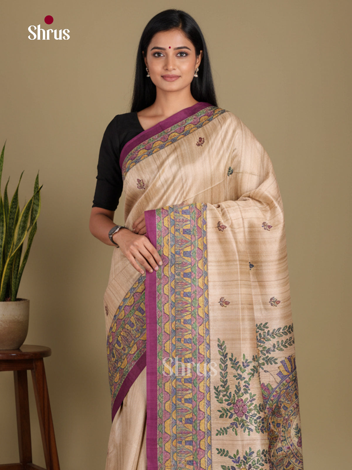 Cream & Purple - Printed Madhubani Saree