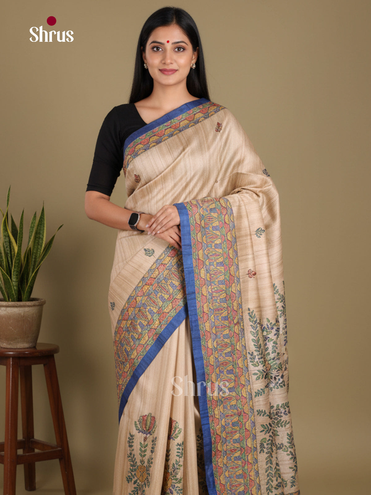 Cream & Blue - Printed Madhubani Saree