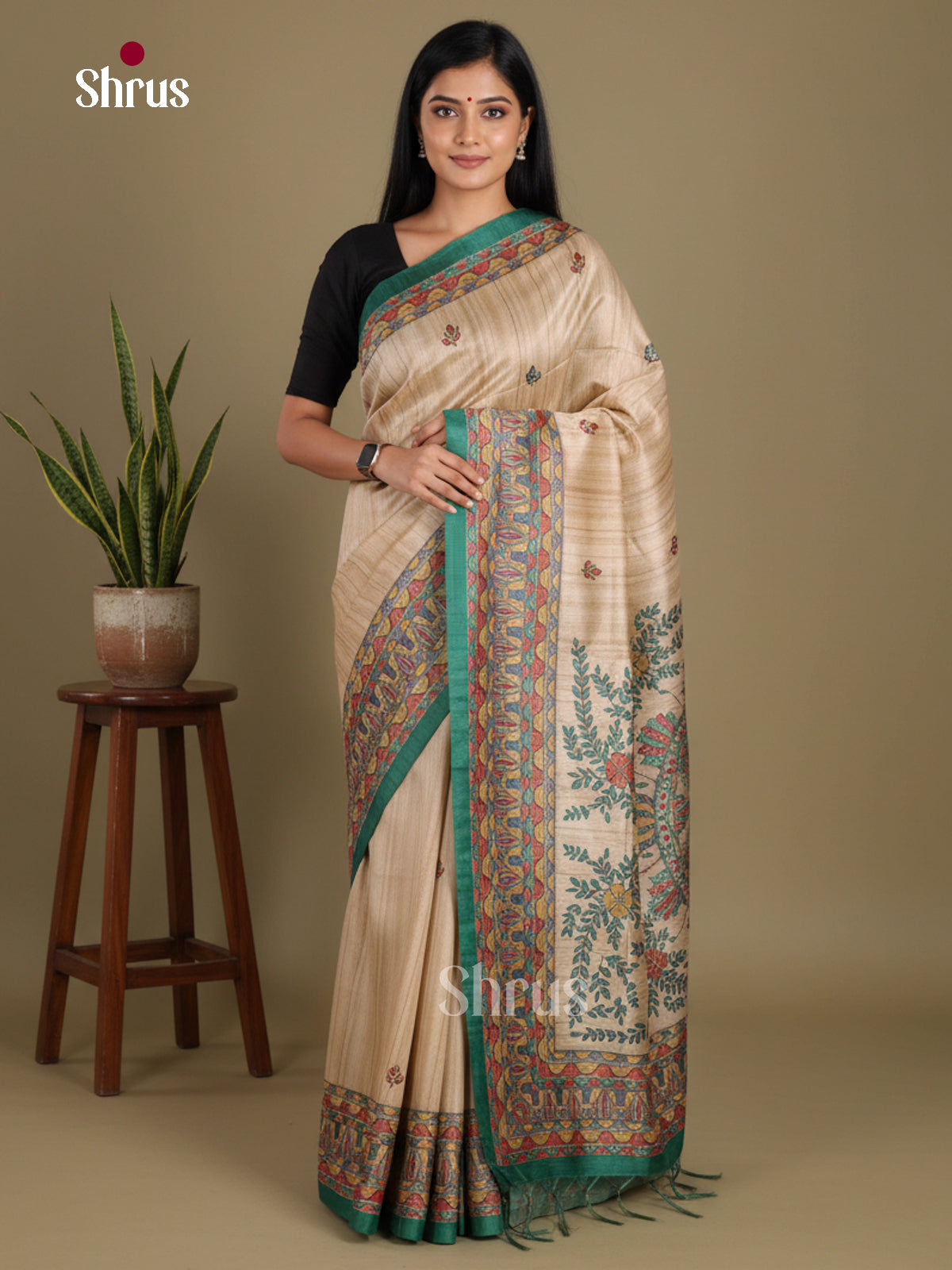 Cream & Green - Printed Madhubani Saree