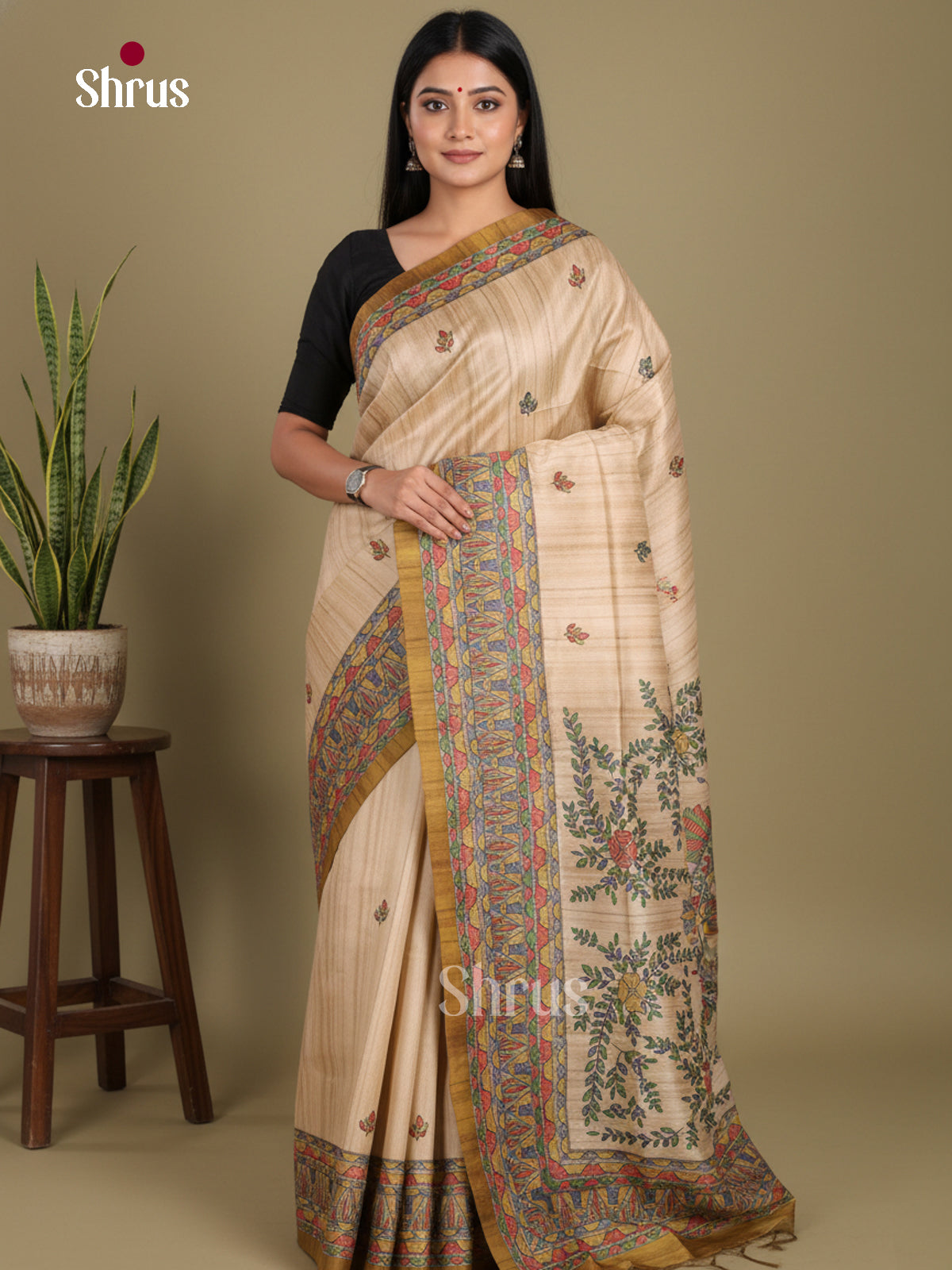 Cream & Mehandi - Printed Madhubani Saree
