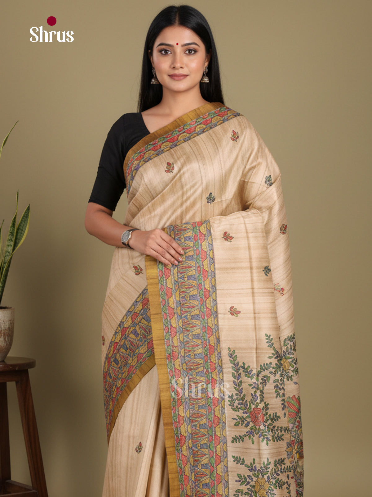 Cream & Mehandi - Printed Madhubani Saree