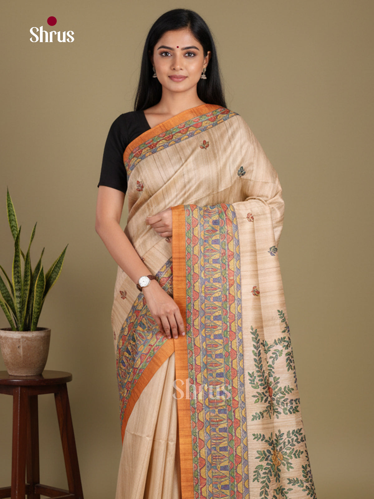 Cream & Brick - Printed Madhubani Saree