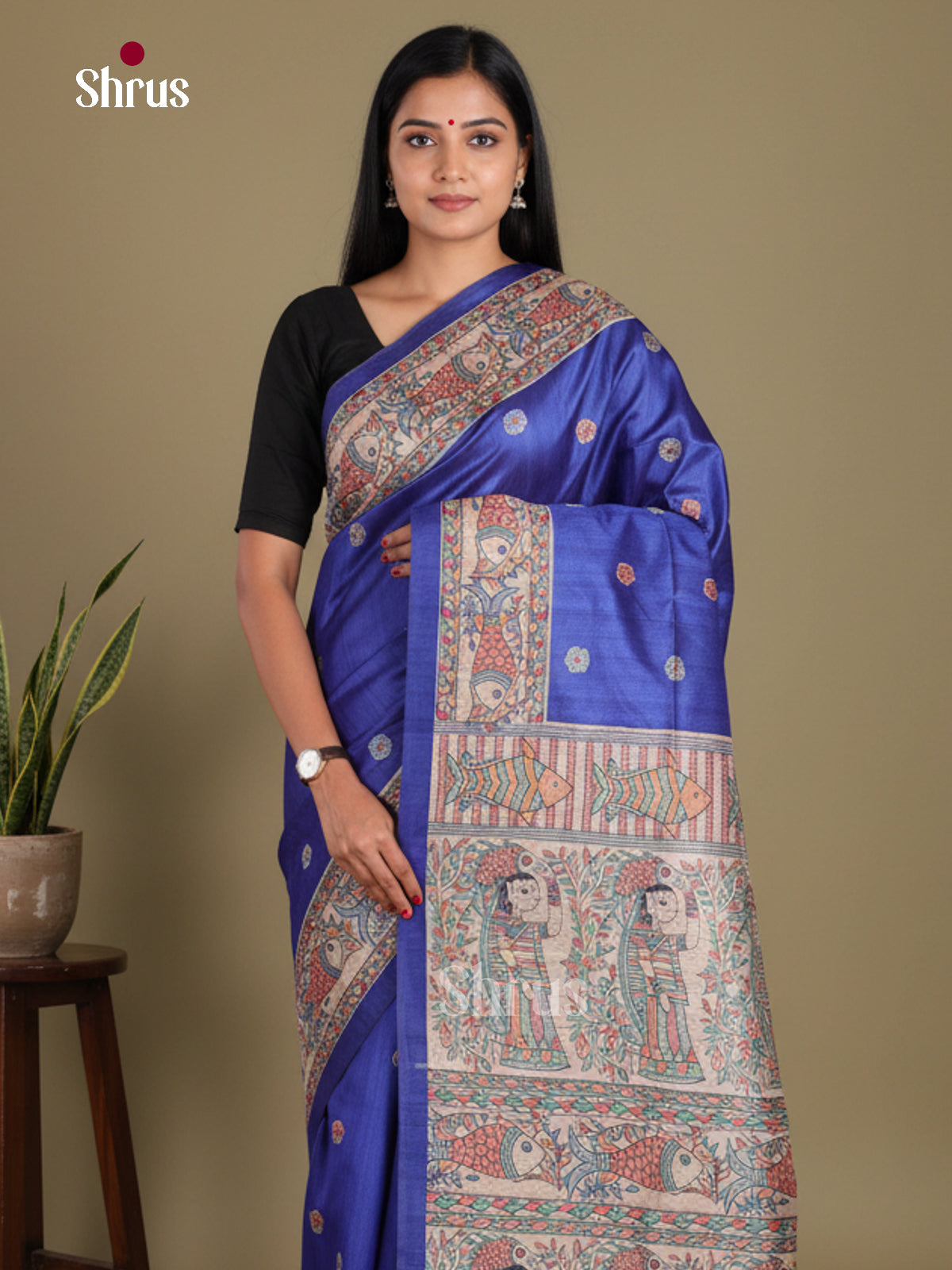 Blue & Cream - Printed Madhubani Saree