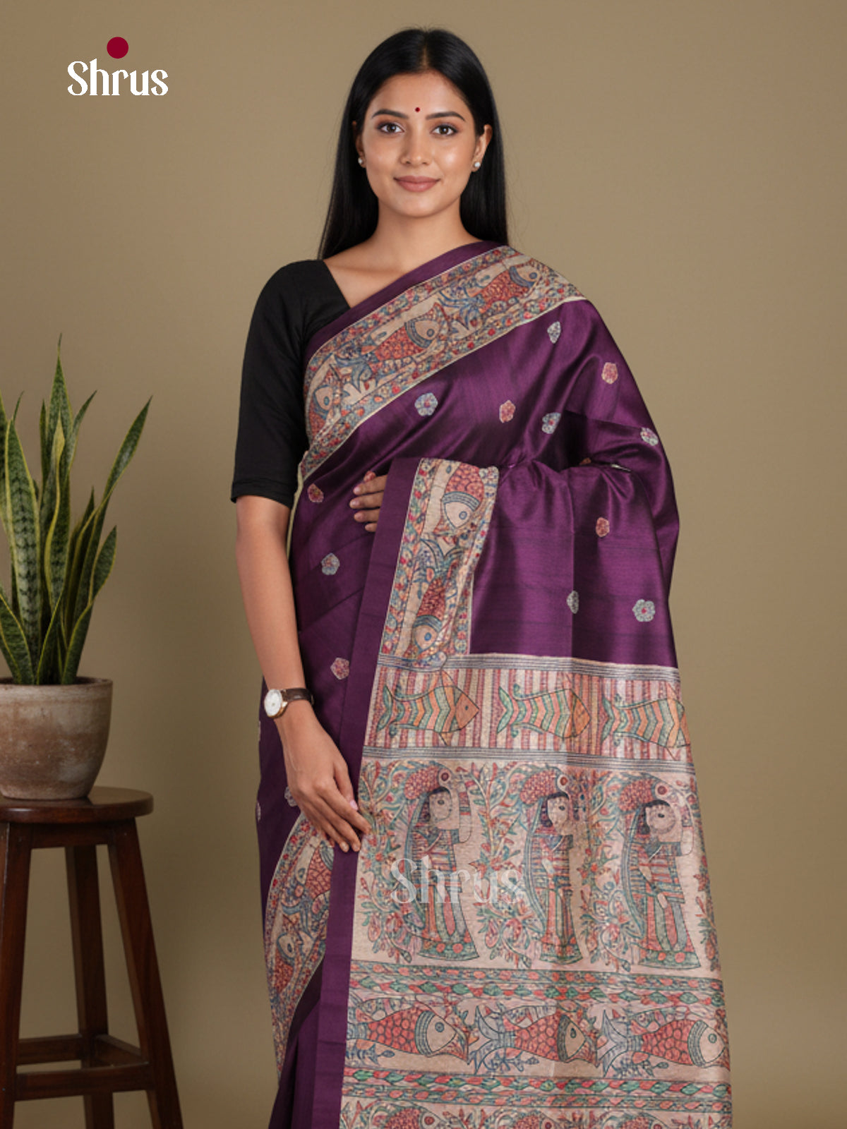 Violet & Cream - Printed Madhubani Saree