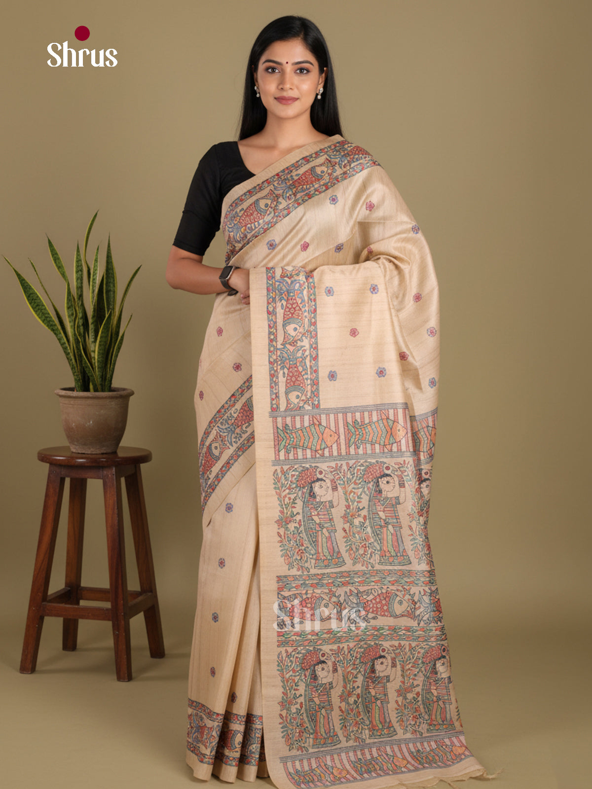 Cream - Printed Madhubani Saree
