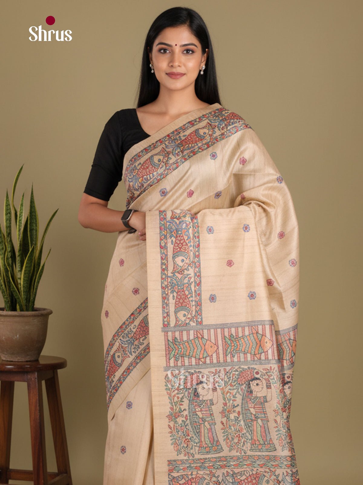 Cream - Printed Madhubani Saree