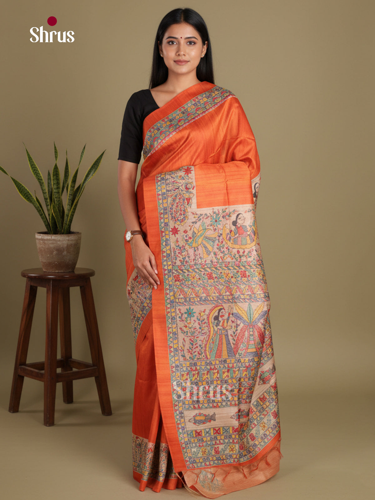 Orange & Cream - Printed Madhubani Saree