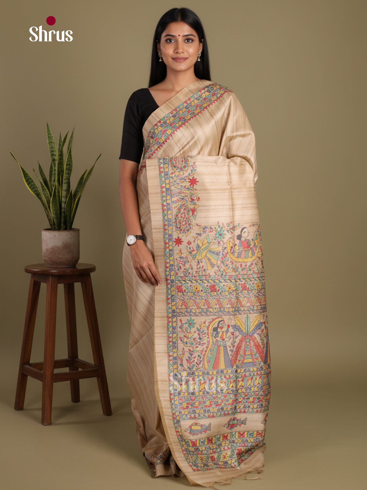 Cream - Printed Madhubani Saree