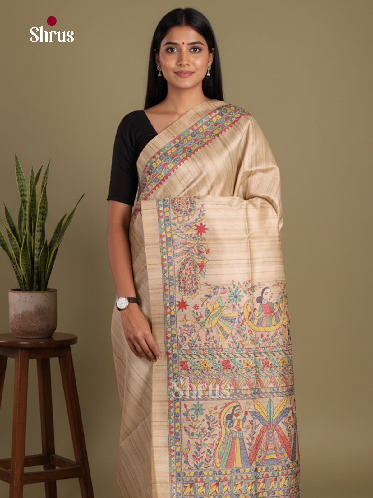 Cream - Printed Madhubani Saree