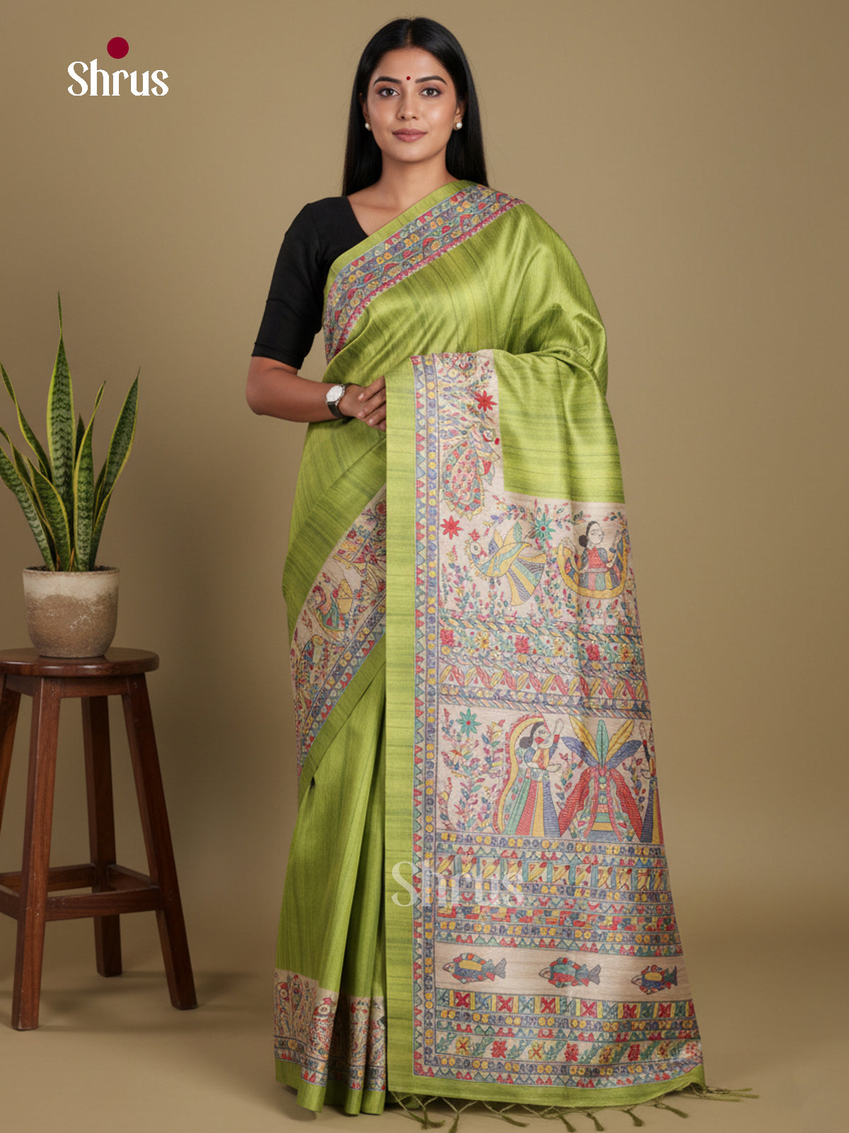 Light Green & Cream - Printed Madhubani Saree