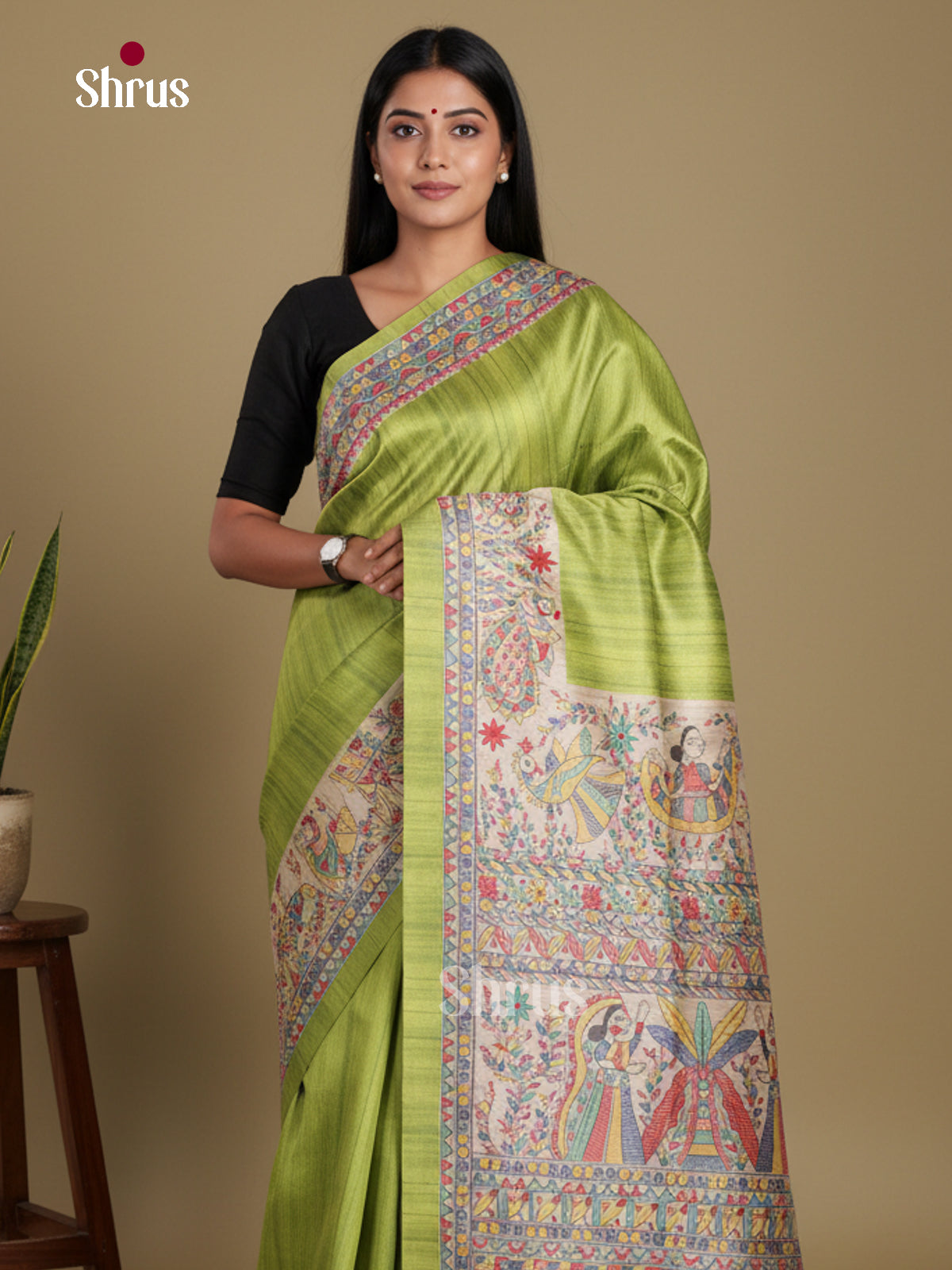 Light Green & Cream - Printed Madhubani Saree