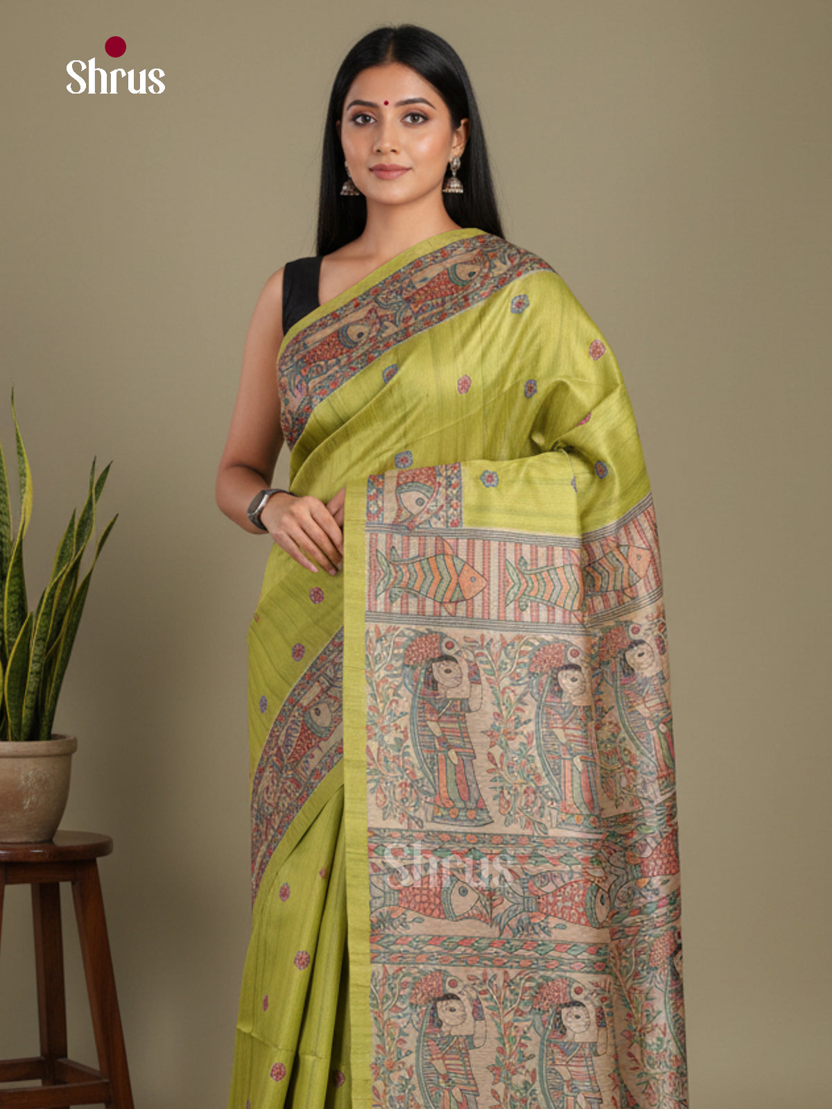 Mehandi Green & Cream - Printed Madhubani Saree