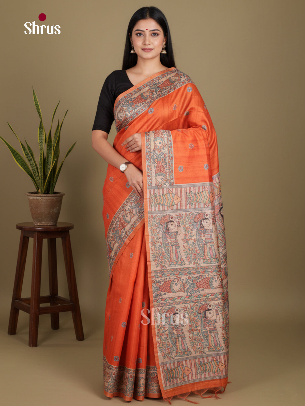 Orange & Cream - Printed Madhubani Saree
