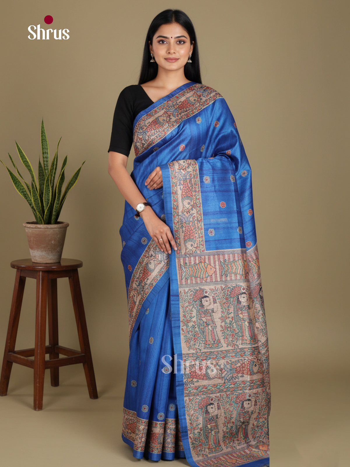 Blue & Cream - Printed Madhubani Saree