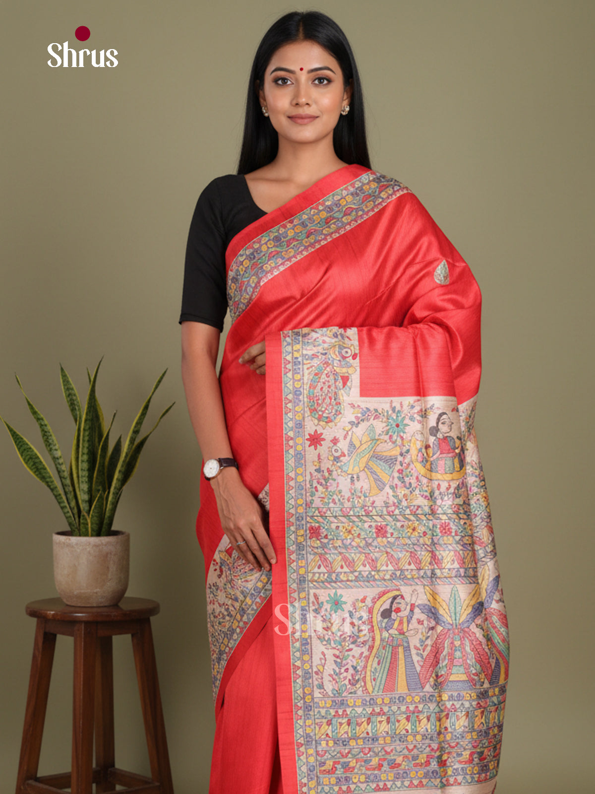 Red & Cream - Printed Madhubani Saree
