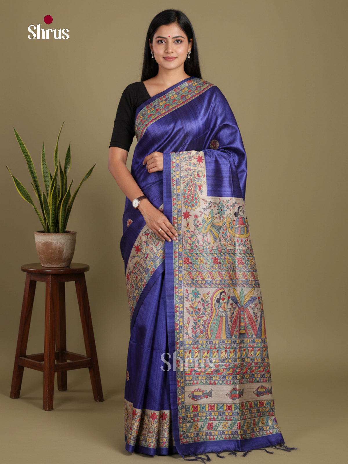 Blue & Cream - Printed Madhubani Saree