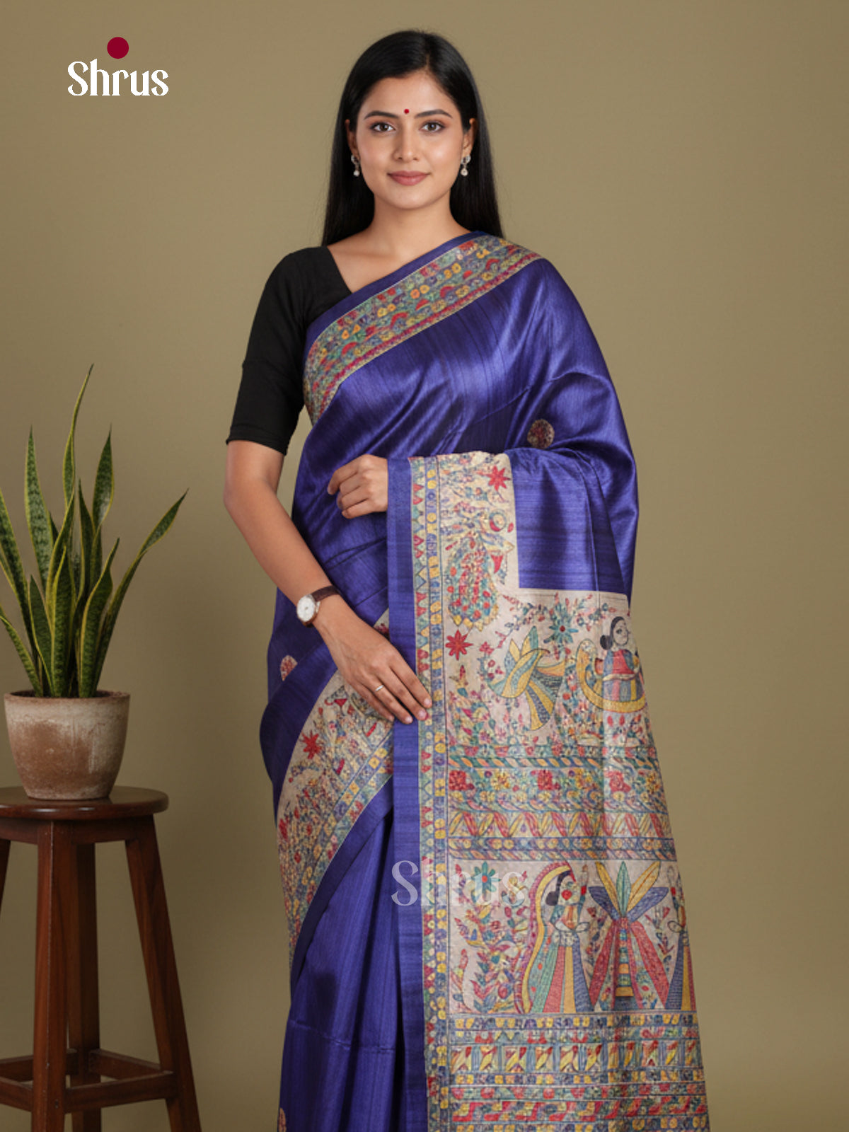 Blue & Cream - Printed Madhubani Saree