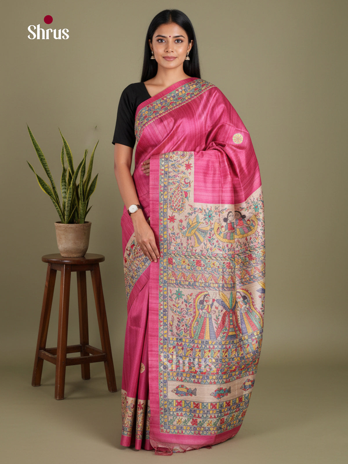 Pink & Cream - Printed Madhubani Saree