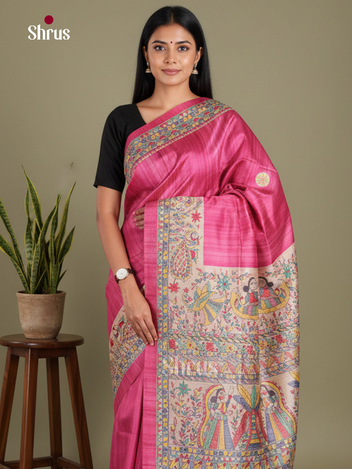 Pink & Cream - Printed Madhubani Saree