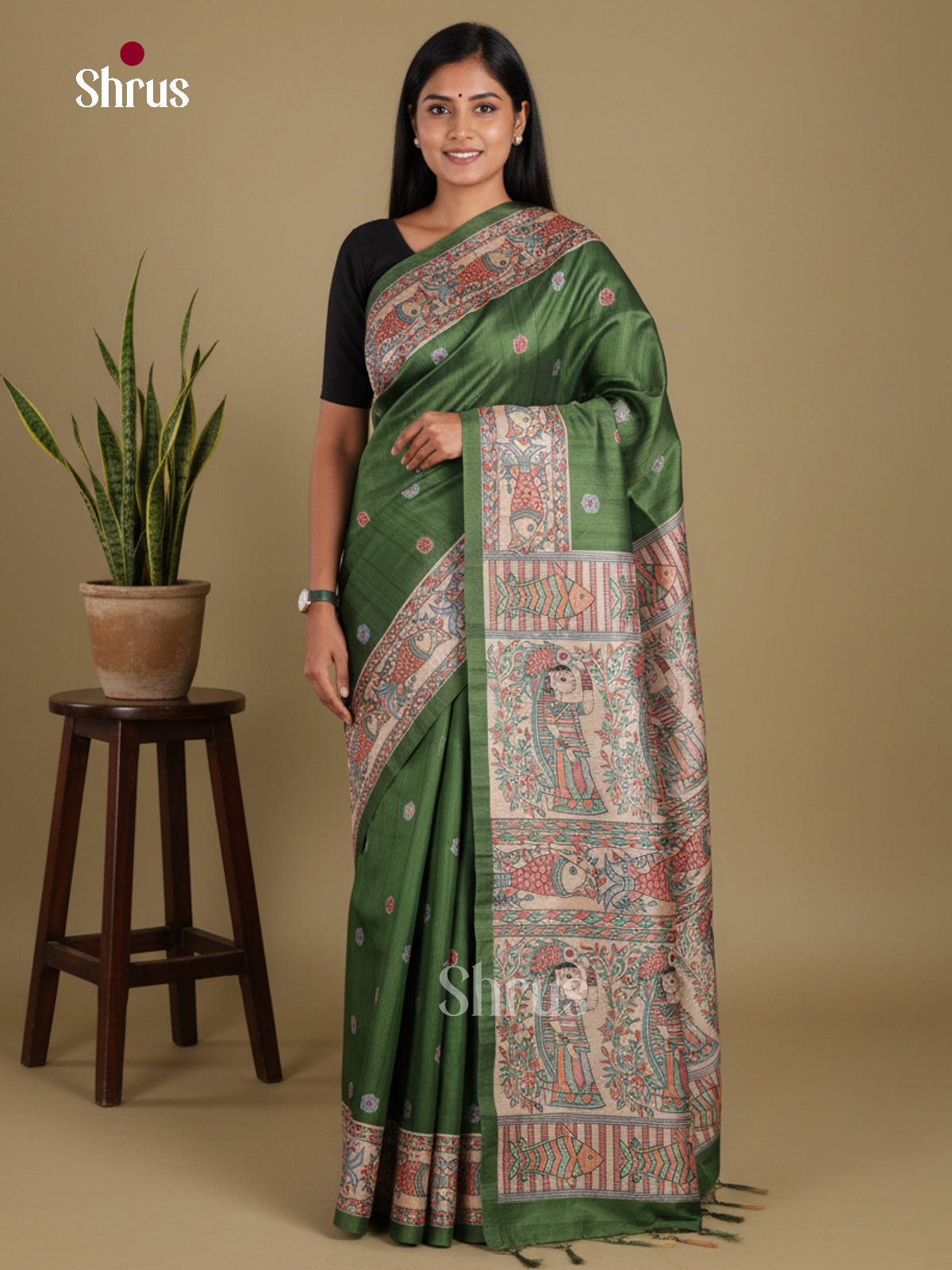 Green & Cream - Printed Madhubani Saree