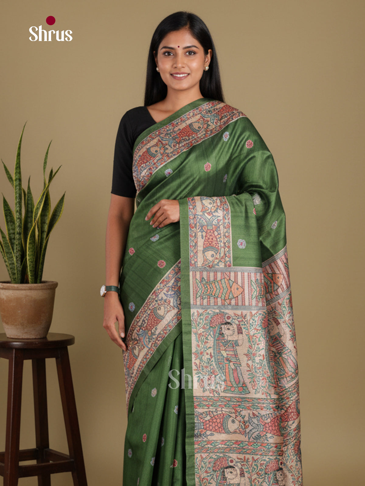 Green & Cream - Printed Madhubani Saree
