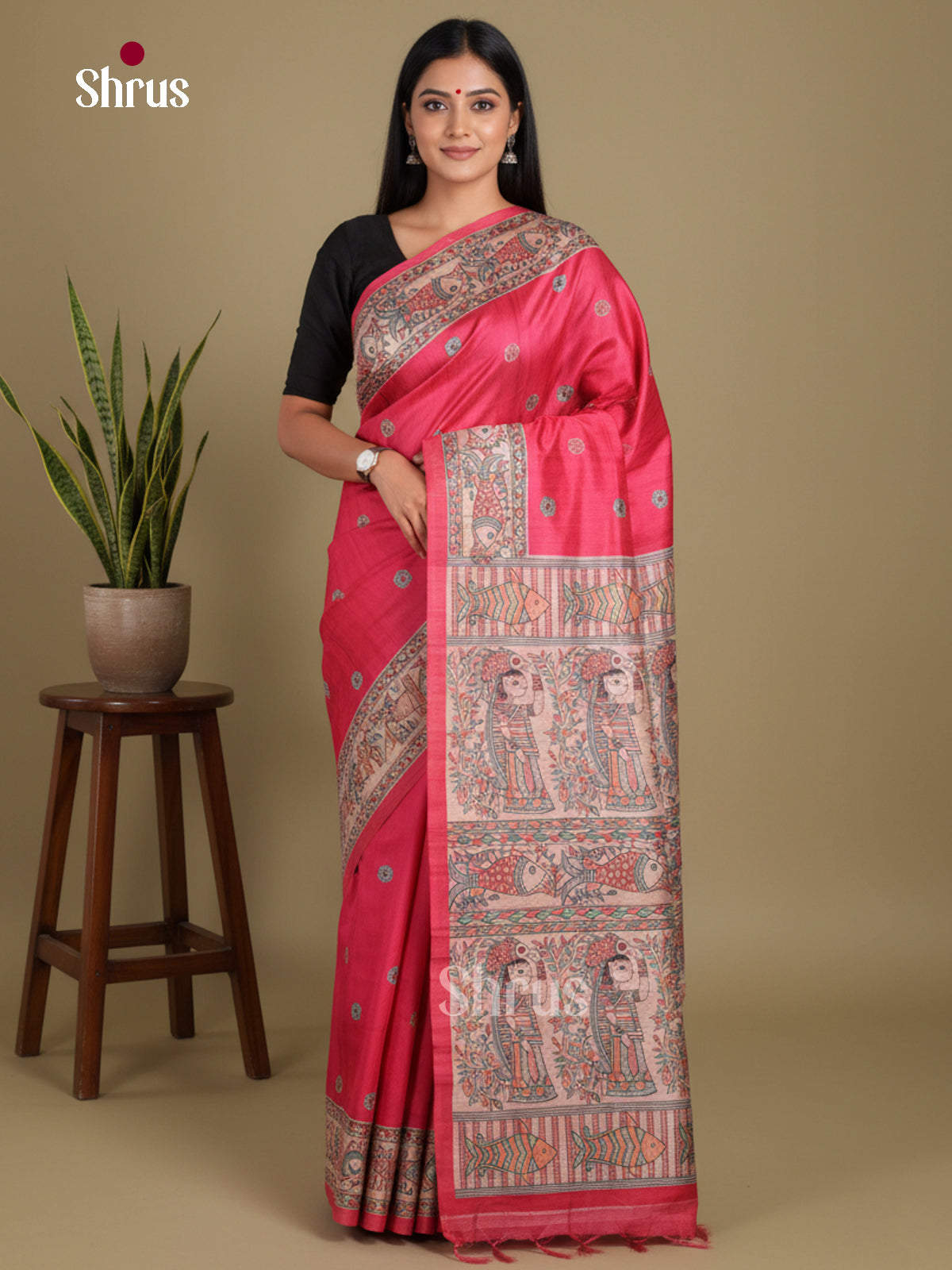 Pink & Cream - Printed Madhubani Saree