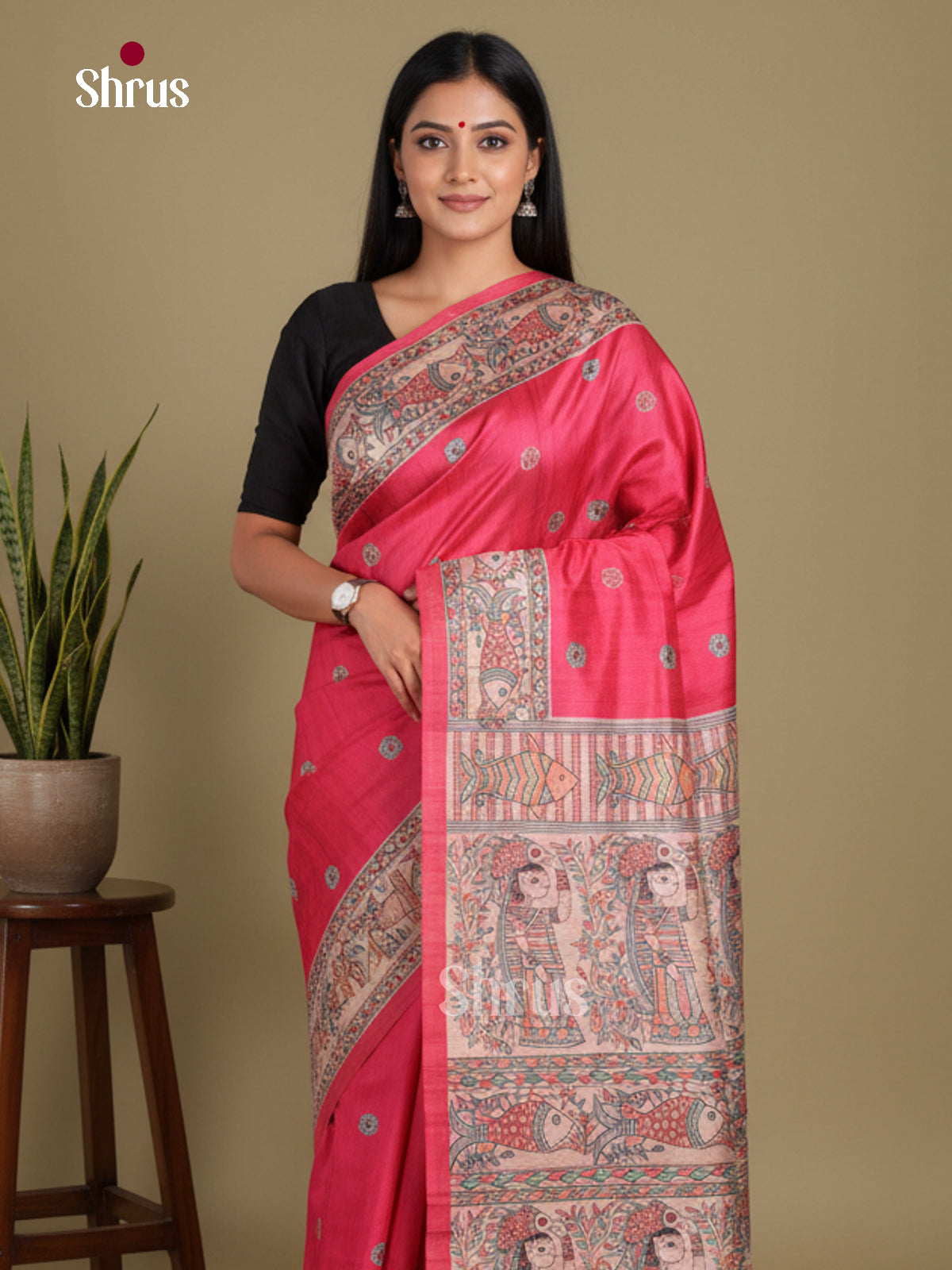 Pink & Cream - Printed Madhubani Saree