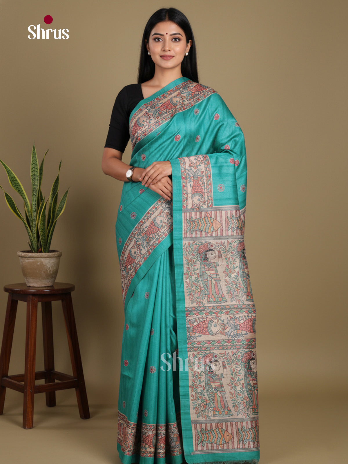 Teal Blue & Cream - Printed Madhubani Saree