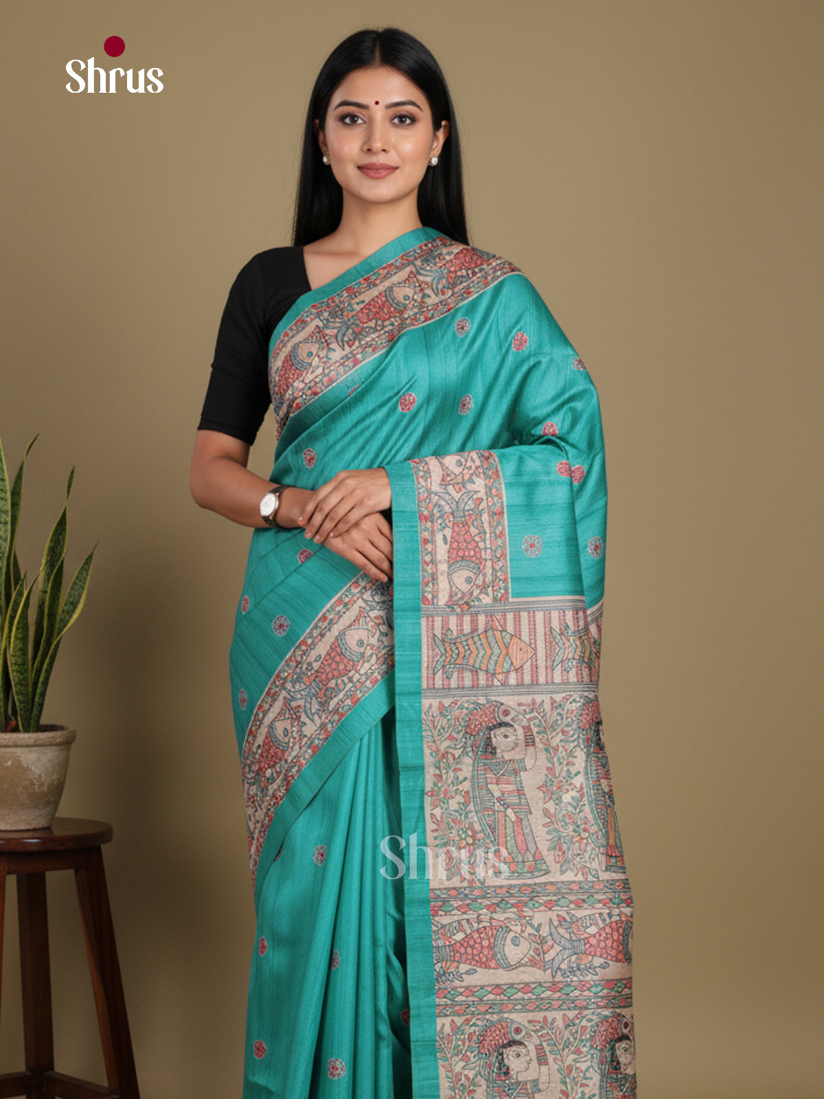 Teal Blue & Cream - Printed Madhubani Saree