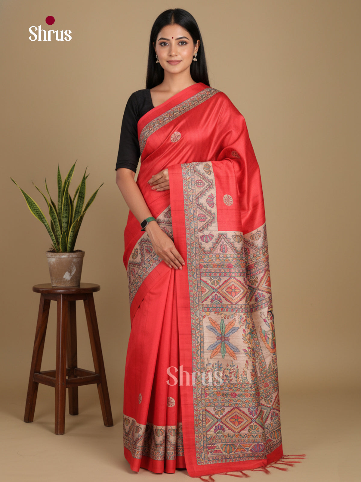 Red & Cream- Printed Madhubani Saree