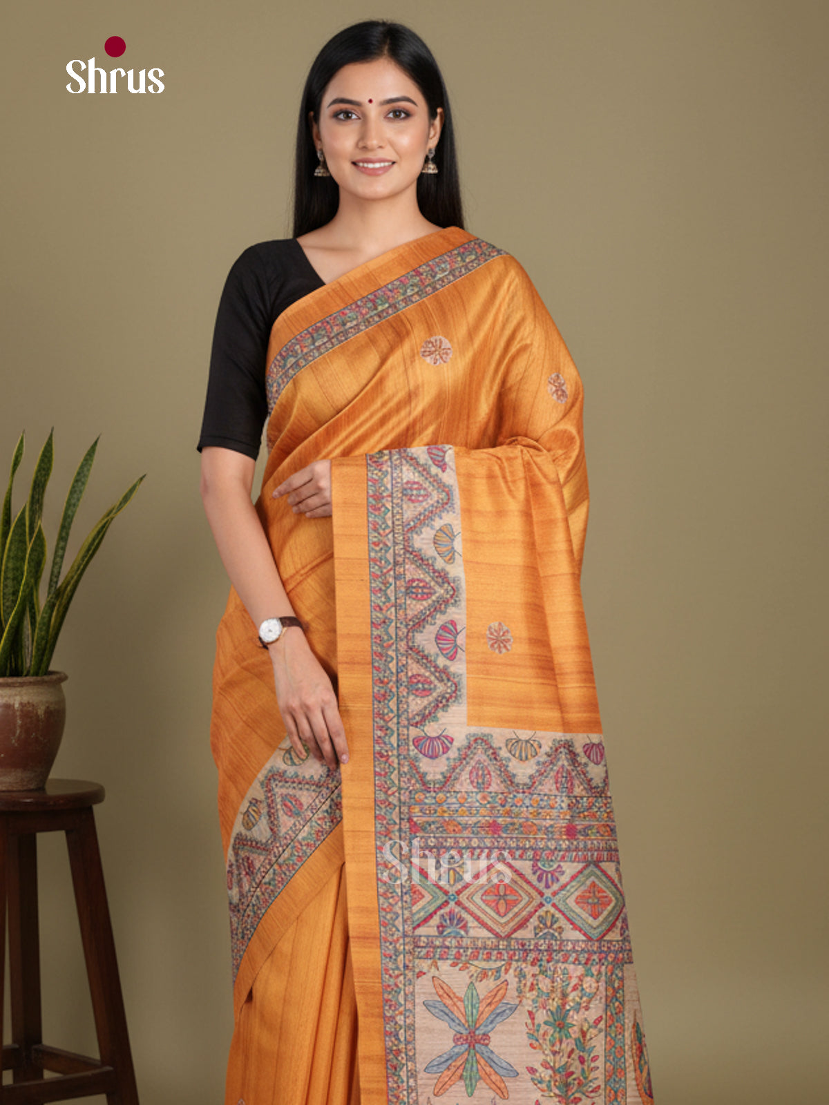 Orange & Cream - Printed Madhubani Saree