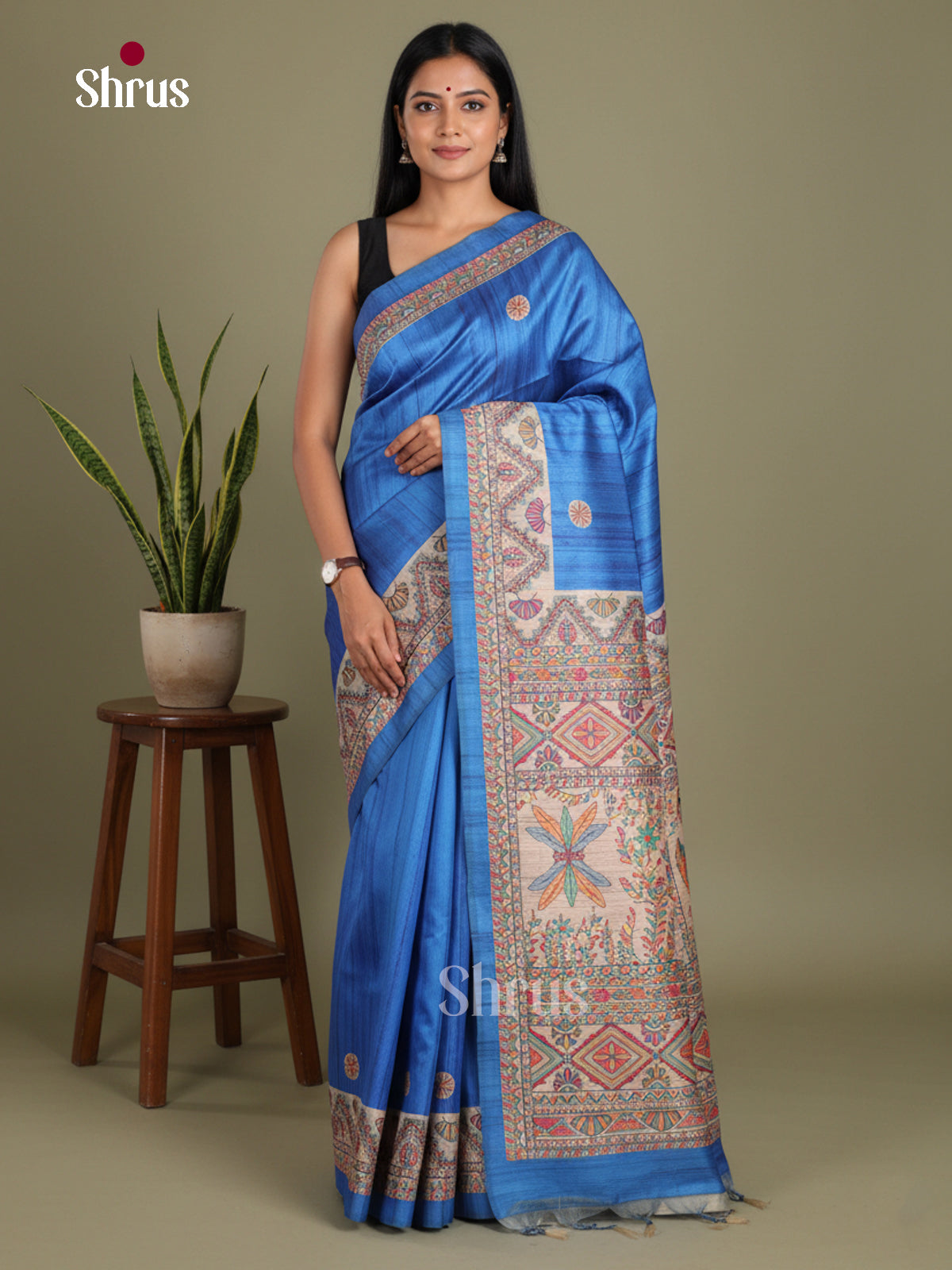 Blue & Cream - Printed Madhubani Saree