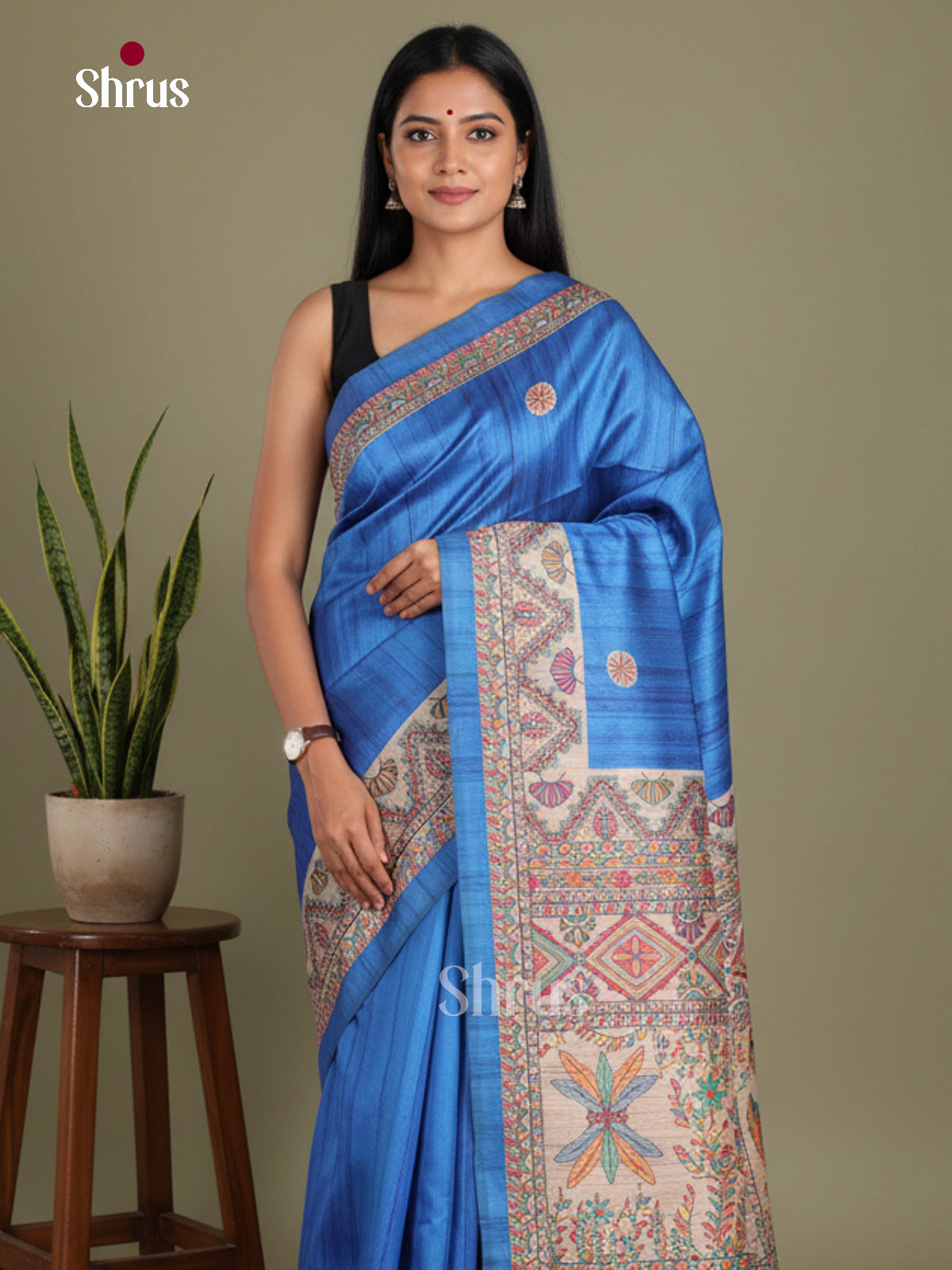 Blue & Cream - Printed Madhubani Saree