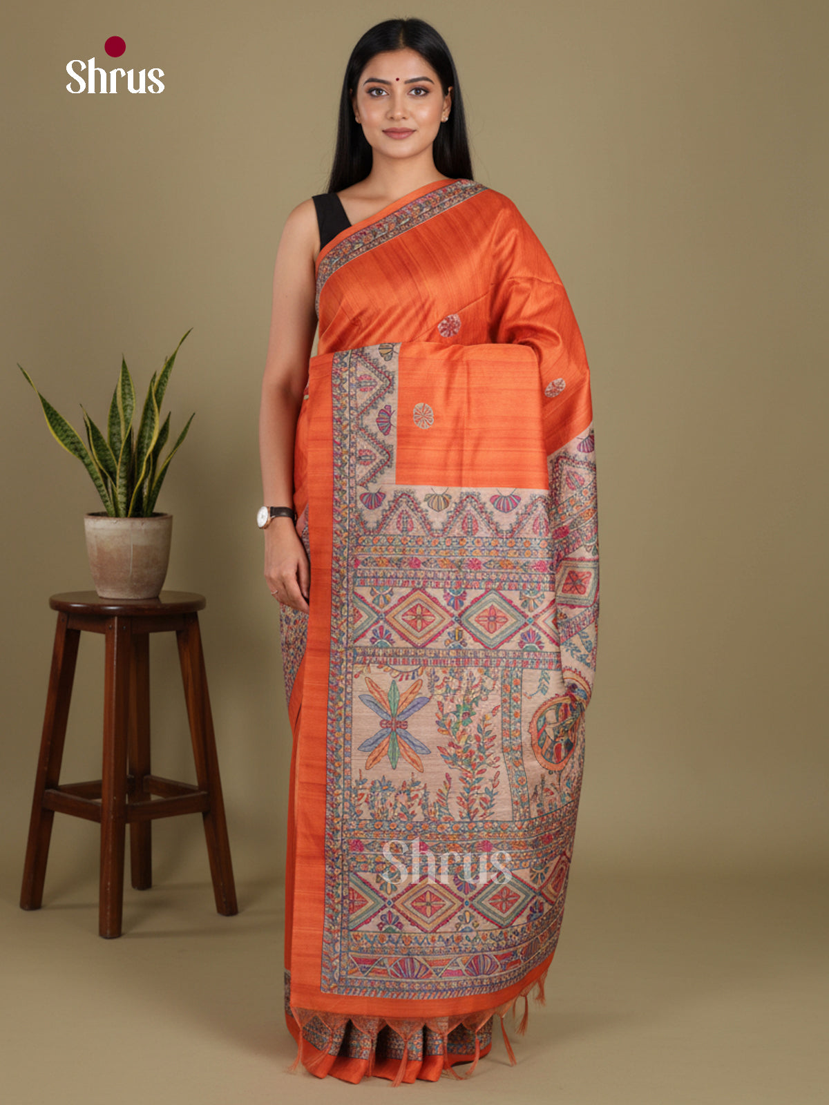 Orange & Cream - Printed Madhubani Saree