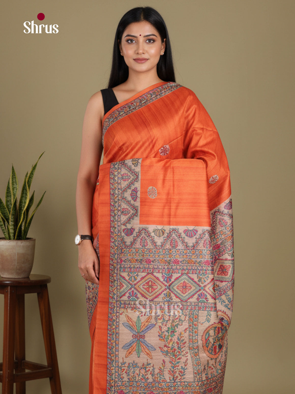 Orange & Cream - Printed Madhubani Saree