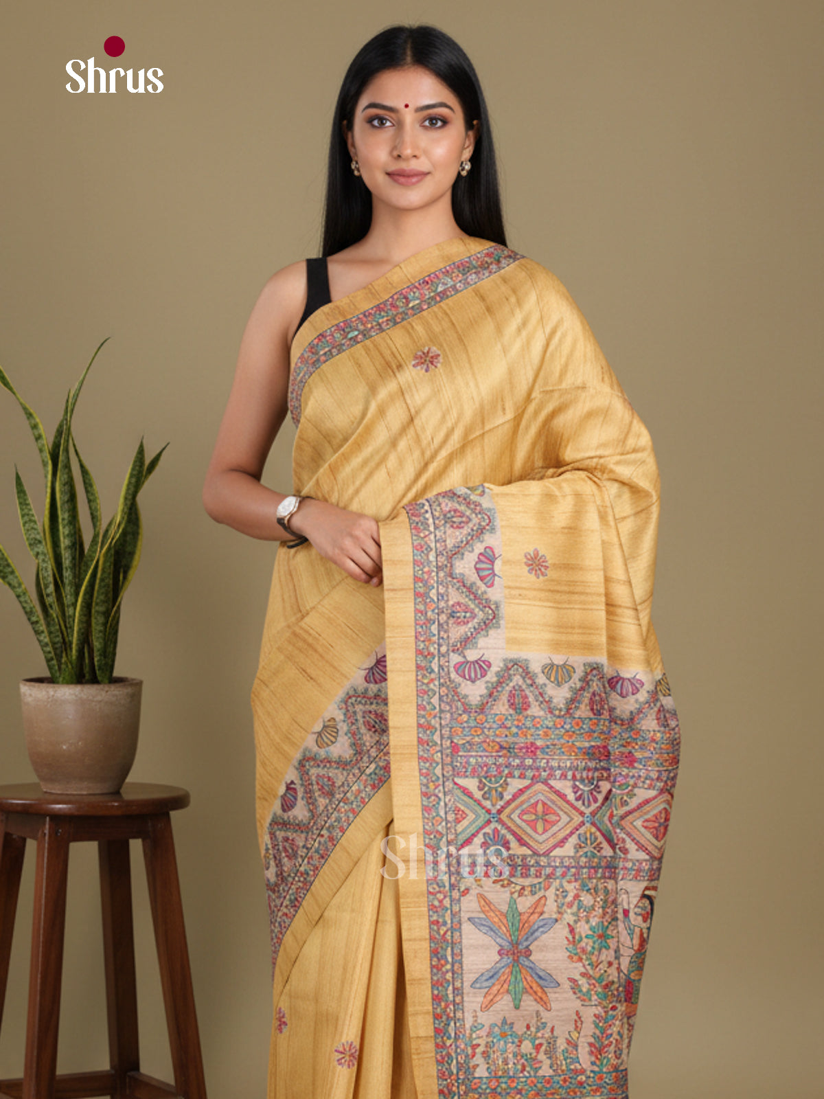 Yellow & Cream- Printed Madhubani Saree