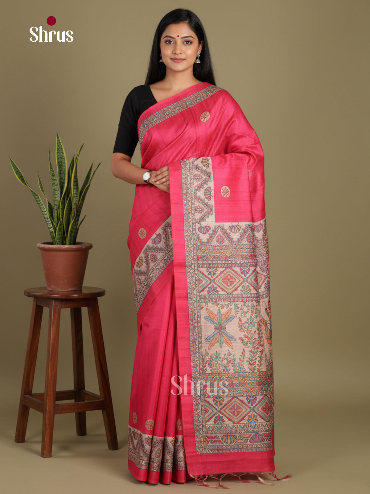 Pink & Cream- Printed Madhubani Saree