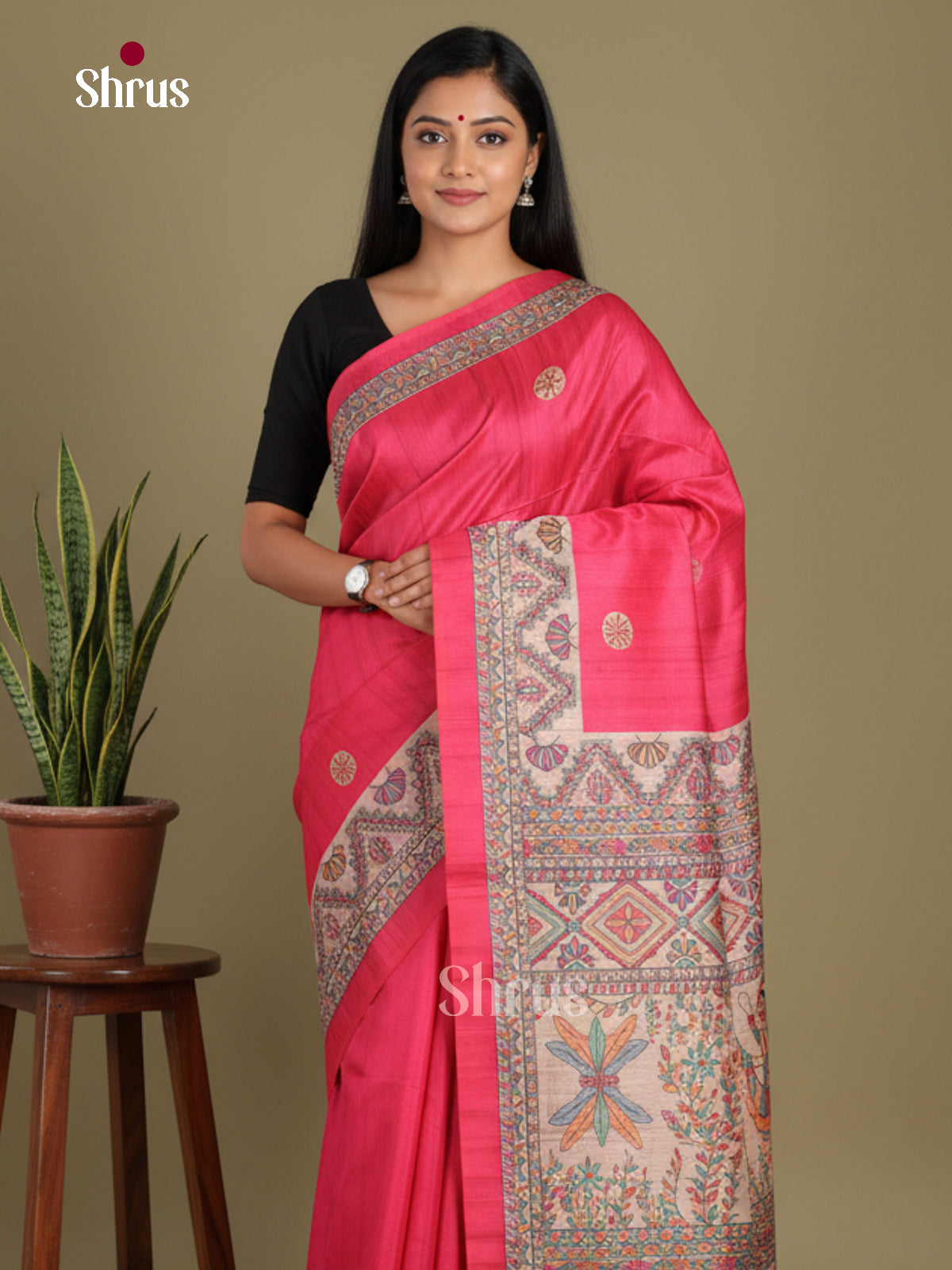 Pink & Cream- Printed Madhubani Saree