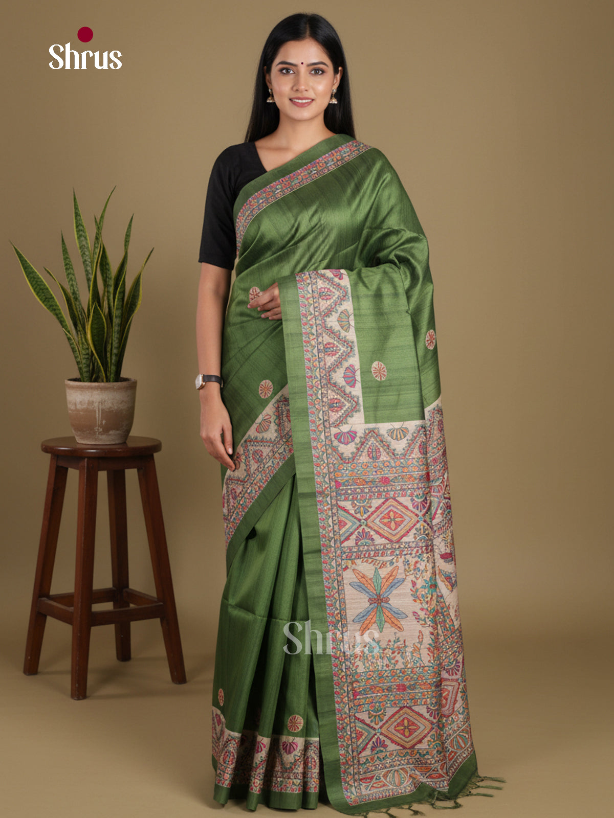 Green & Cream- Printed Madhubani Saree