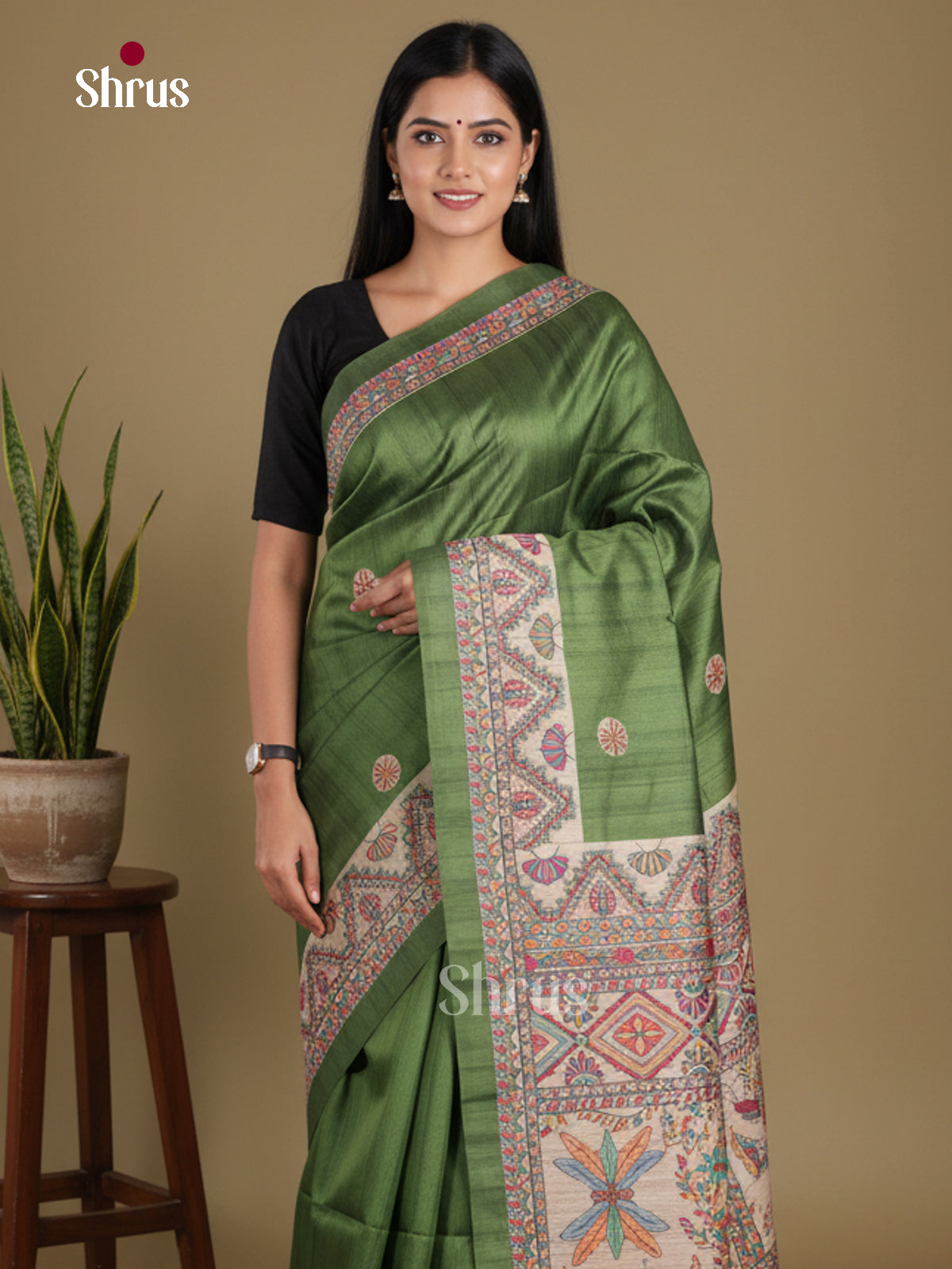 Green & Cream- Printed Madhubani Saree