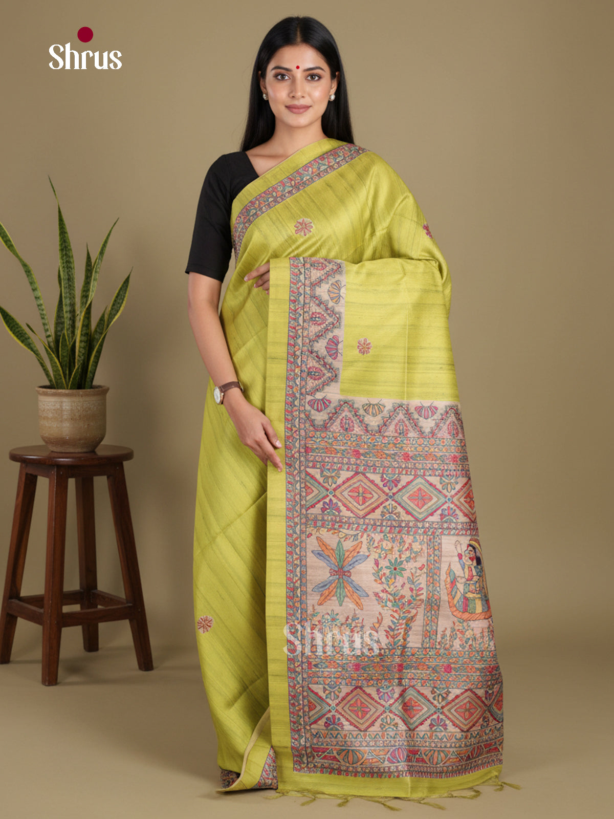 Light Green & Cream - Printed Madhubani Saree