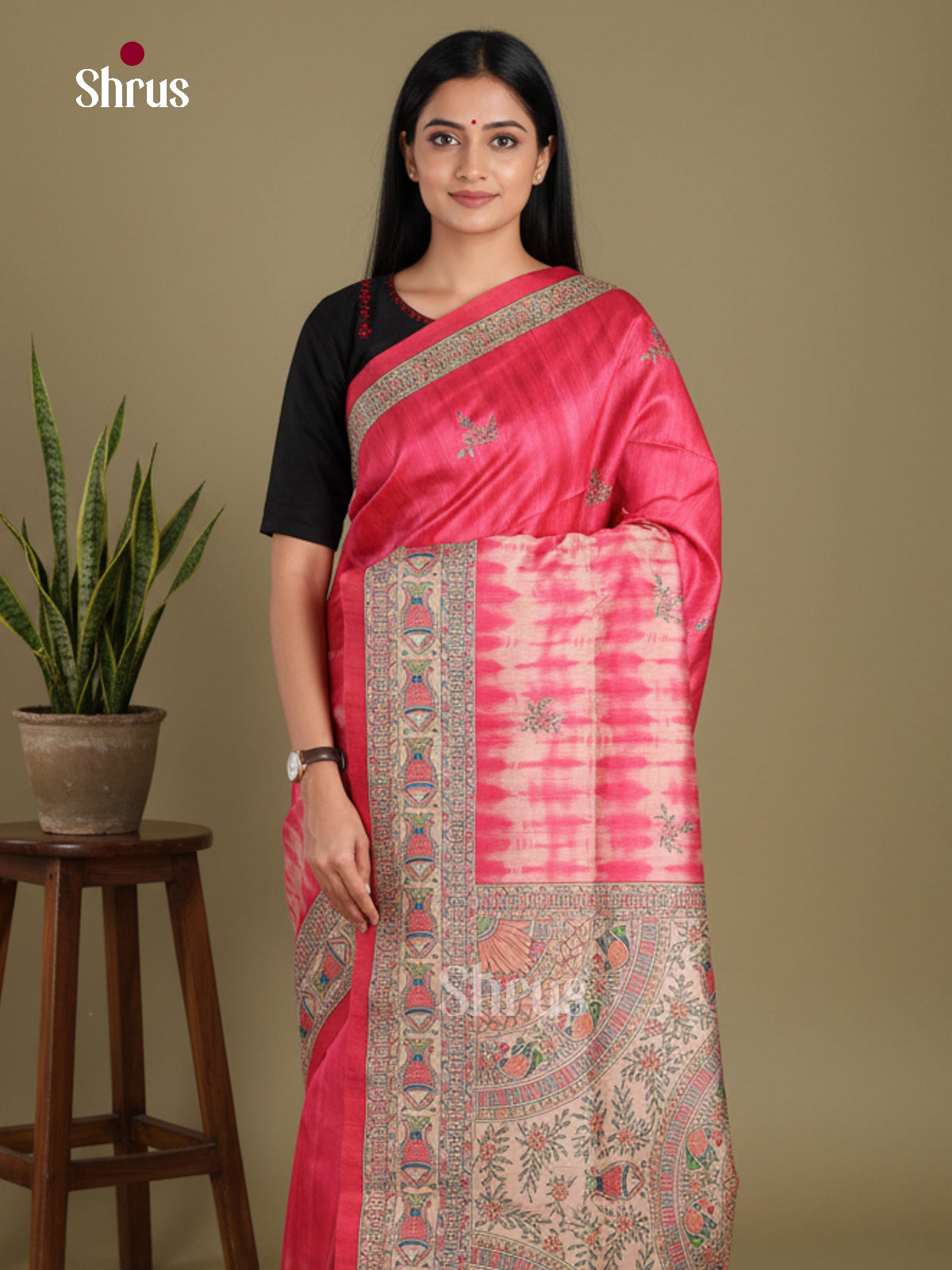Pink & Cream - Printed Madhubani Saree