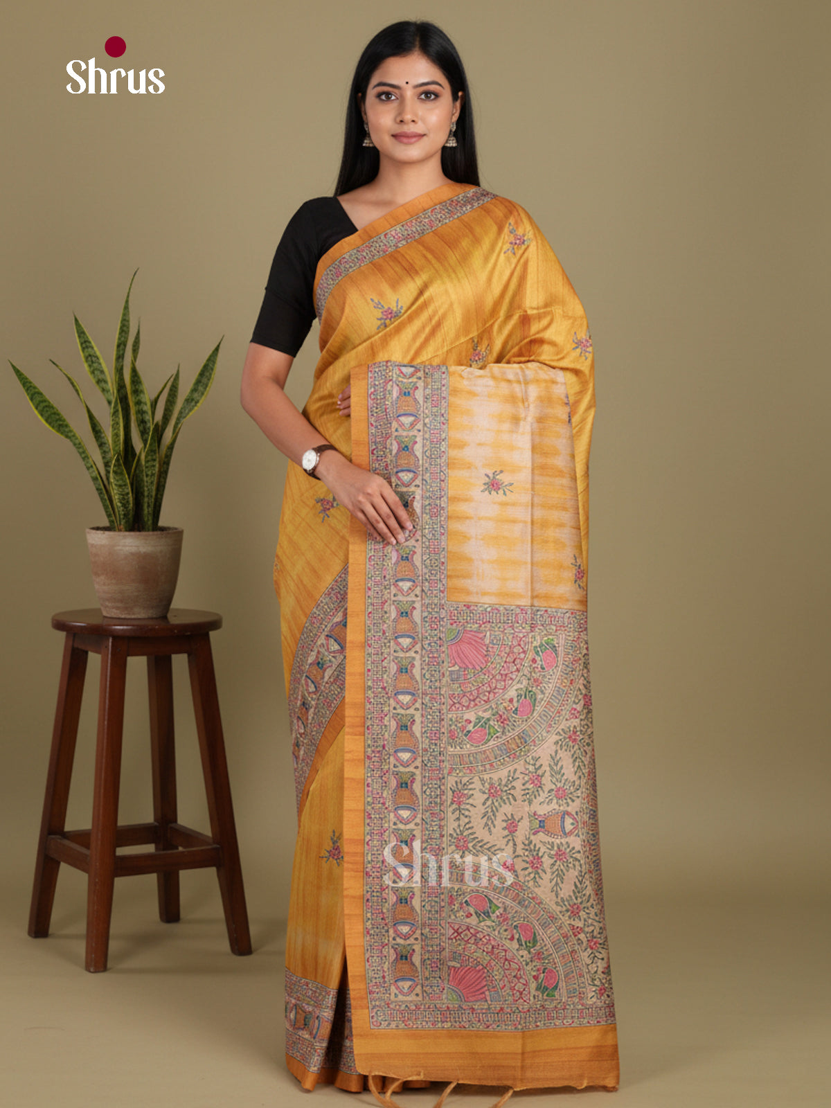 Mustard & Cream - Printed Madhubani Saree